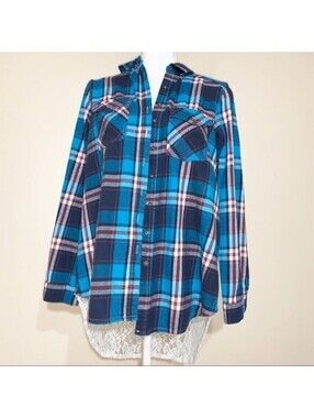 Hint of Mint Plaid Shirt Womens Medium Blue Lace Back Flannel Mixed Media HW0314